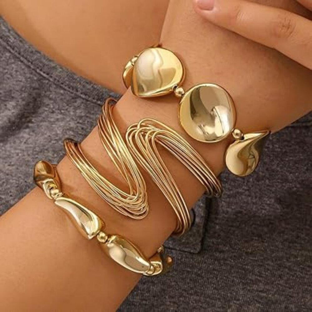 Gold Layered Twist Beaded Bangles Set Twisted Wave Wrist Cuff Trendy 3 pc Set